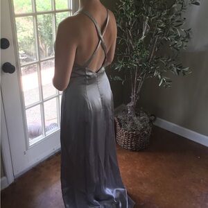 Nicole Miller satin cross back silvery long evening dress with embellished shrug